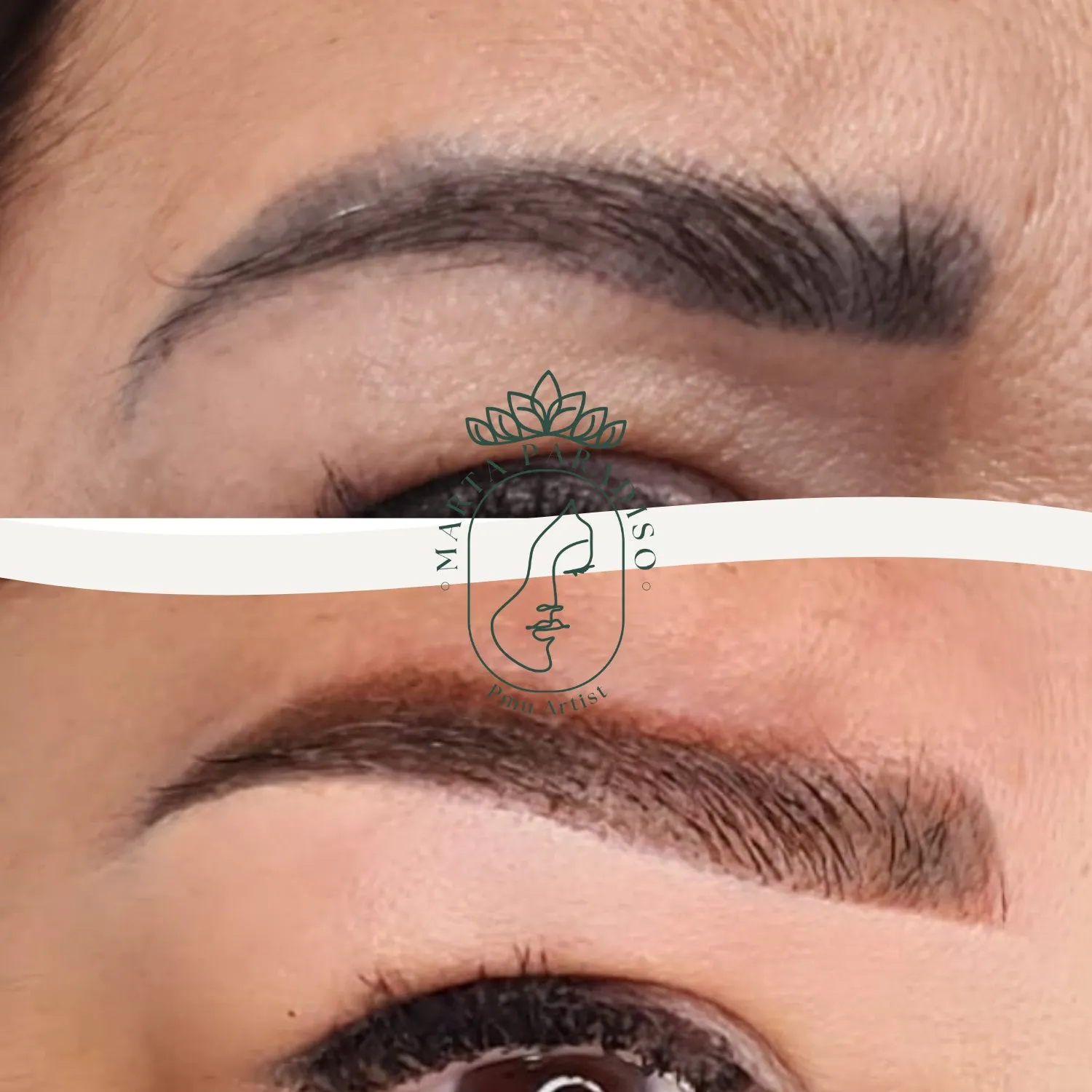 Sopracciglia prima e dopo la correzione del trucco semipermanente con riequilibrio della forma, realizzata a Varese
