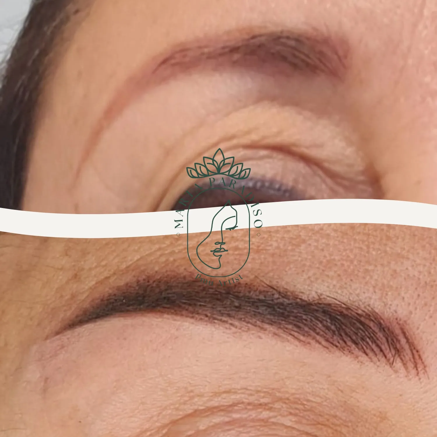 Sopracciglia prima e dopo la correzione del trucco semipermanente con neutralizzazione del colore virato, realizzata a Varese