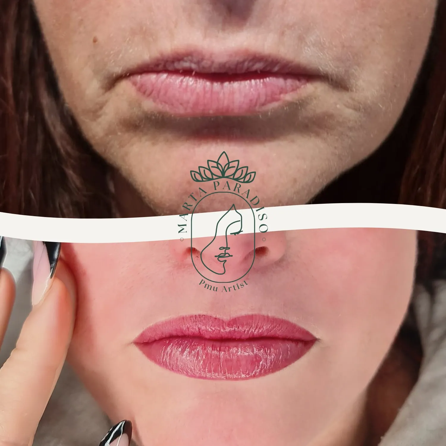 Labbra prima e dopo il trucco semipermanente con effetto naturale e luminoso, realizzato a Varese