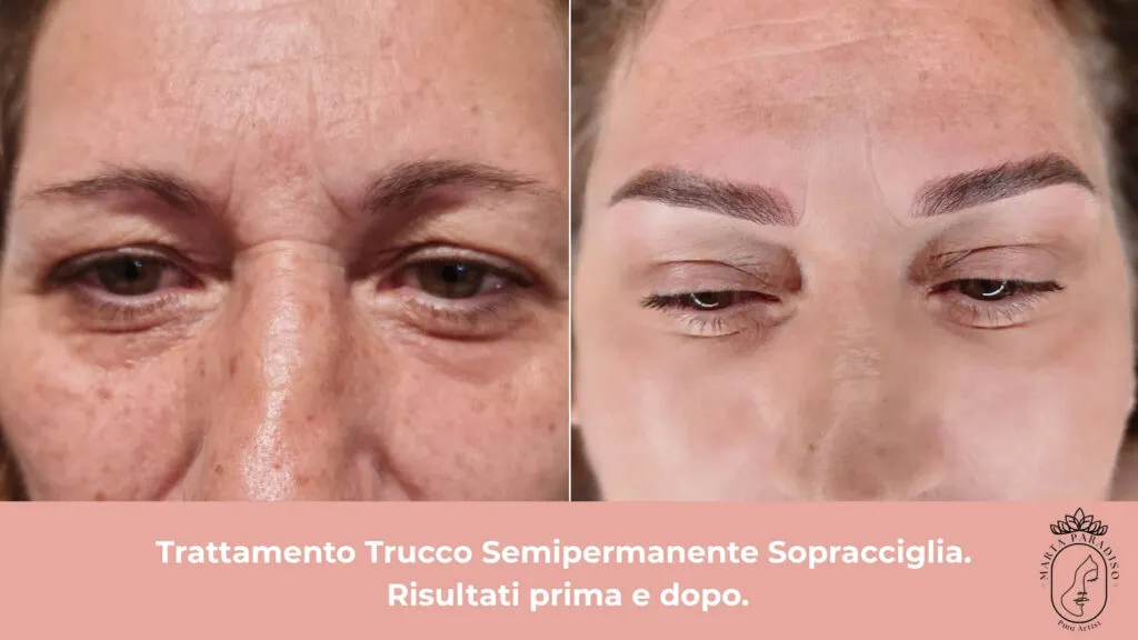 Risultati prima e dopo di un trattamento di trucco semipermanente alle sopracciglia eseguito da Marta Paradiso
