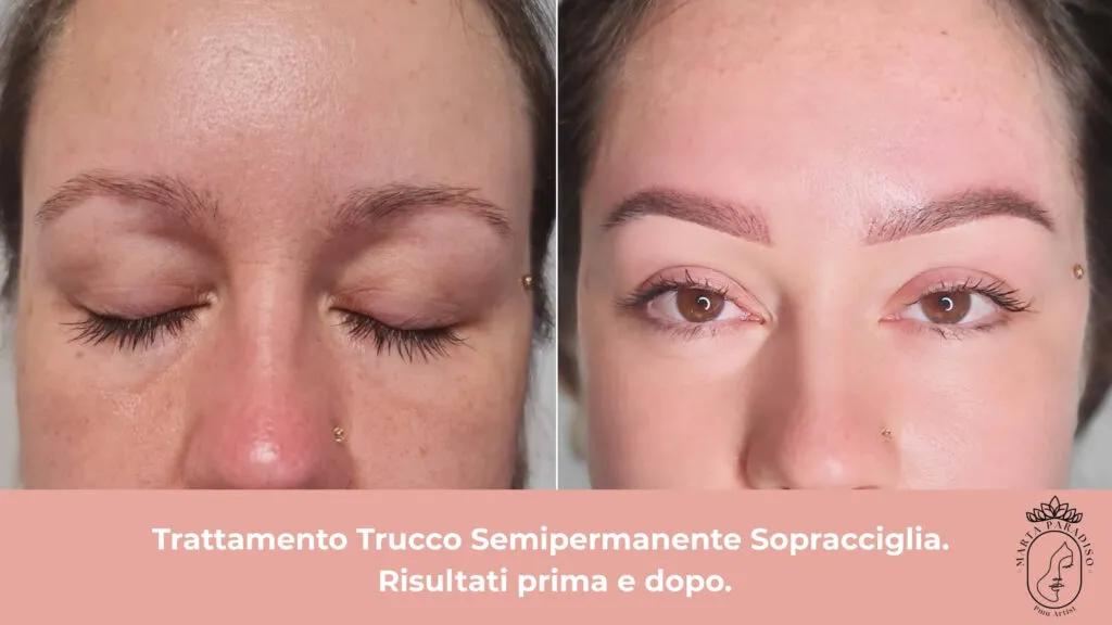 Risultati prima e dopo trucco semipermanente sopracciglia, secondo caso, eseguito da Marta Paradiso a Varese
