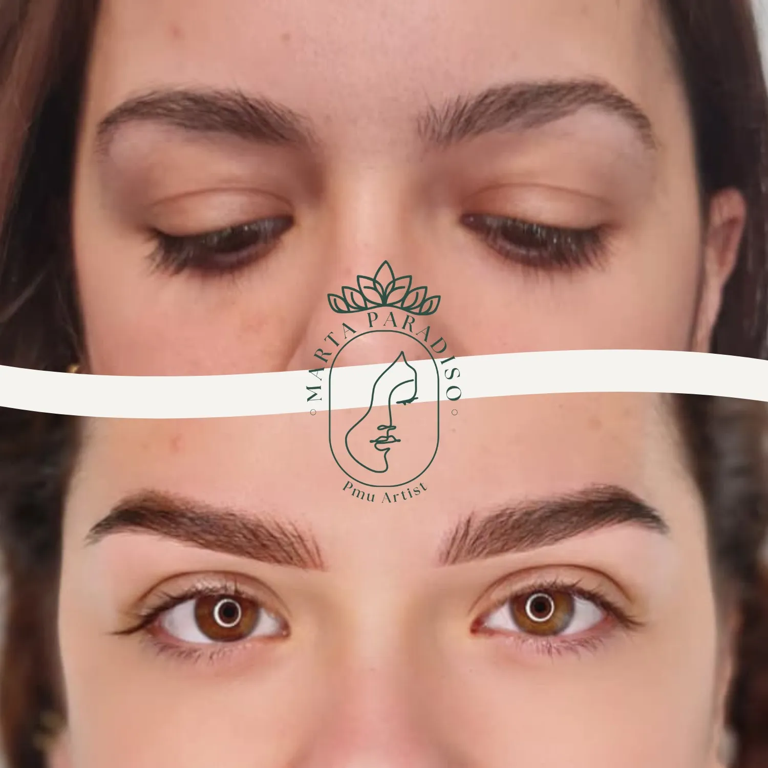 Sopracciglia prima e dopo il trucco semipermanente con effetto pelo realistico, realizzato a Varese da Marta Paradiso