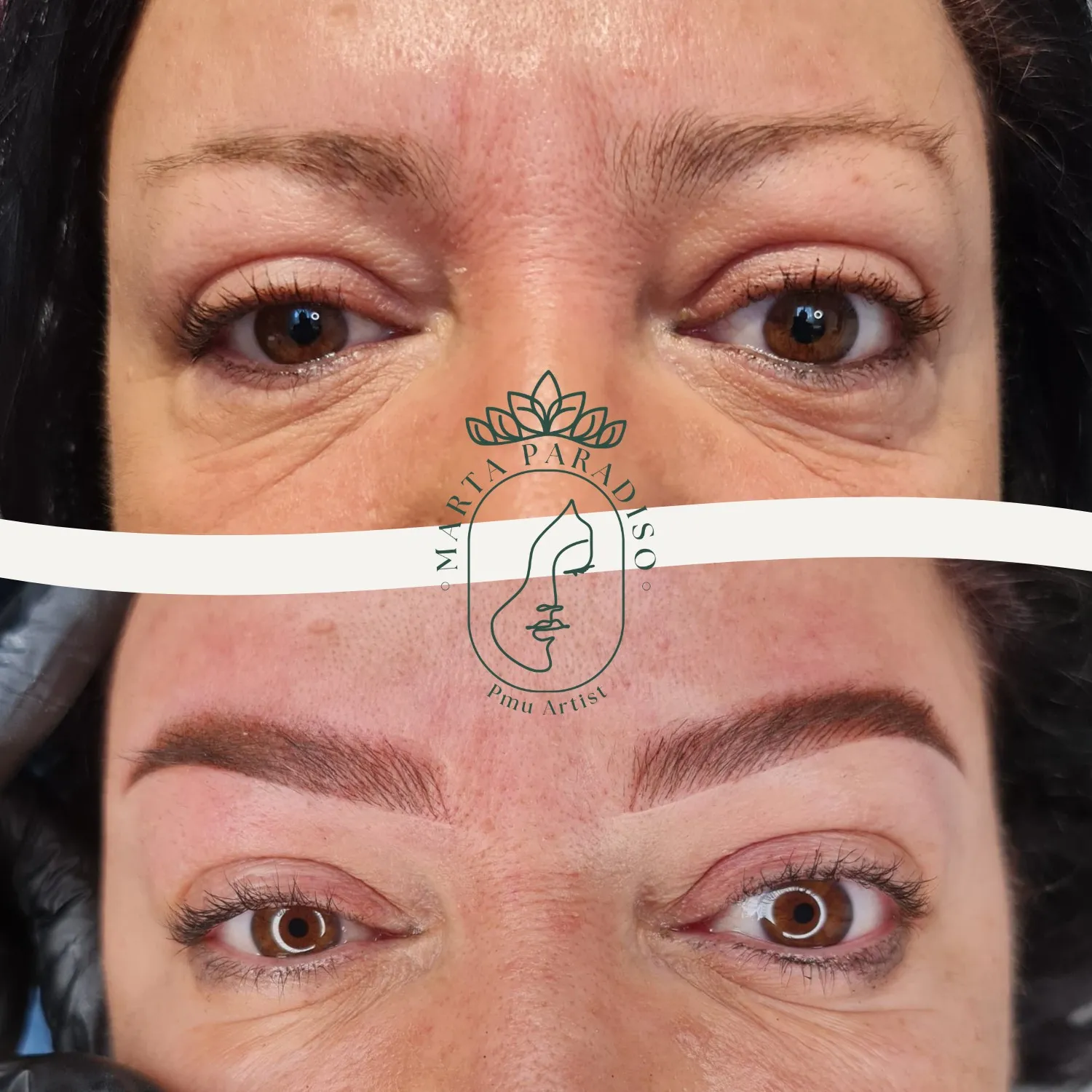 Sopracciglia prima e dopo il trucco semipermanente con effetto pieno e definito, realizzato a Varese