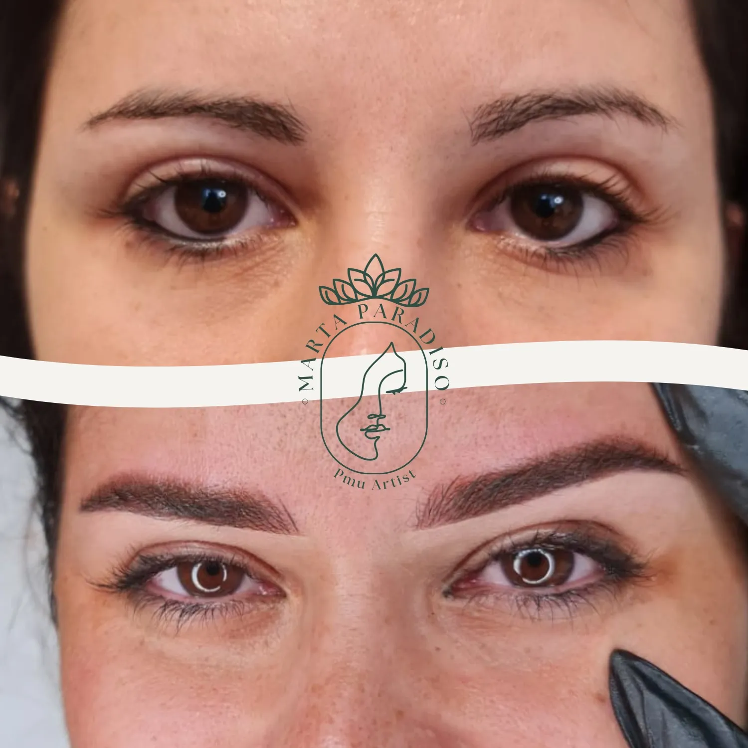 Sopracciglia prima e dopo il trucco semipermanente con effetto elegante e armonioso, realizzato a Varese