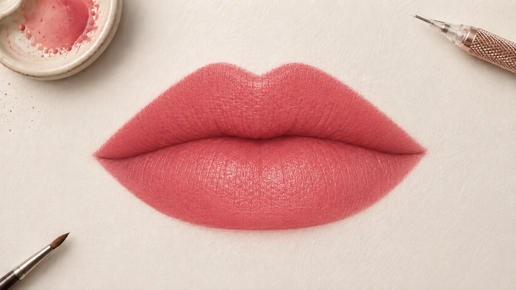 Effetto rossetto del trucco semipermanente labbra: colore pieno e uniforme, bordo definito